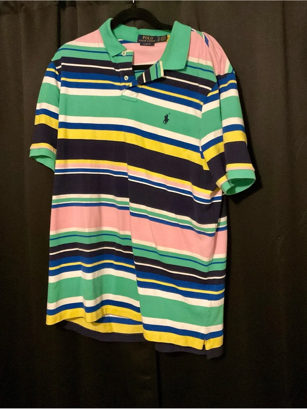 Two Men’s Polo by Ralph Lauren Green Multi-Stripe Polo with Orange, Navy & Yello
